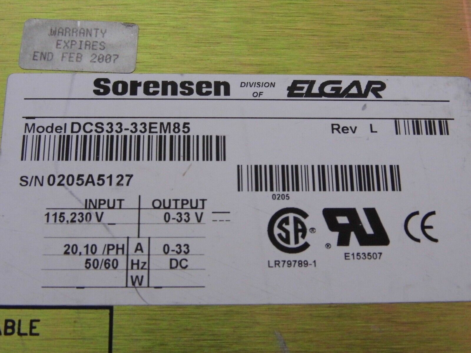 Sorensen DCS33-33E M85 DC Power Supply 30 day warranty Sorensen DCS33-33E M85 DC Power Supply 30 day warranty